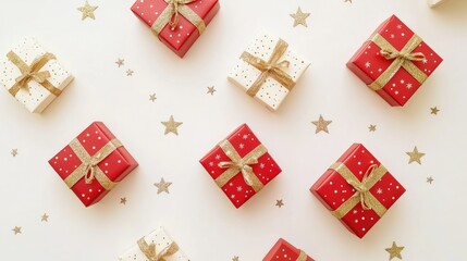 Elegant red and gold gift boxes with shimmering stars, placed on a white background for a bright and festive feel.