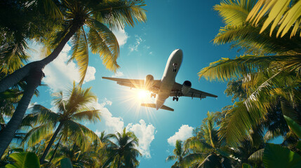 A plane flying over palm trees on sunny day creates vibrant and uplifting scene, capturing essence of travel and adventure. bright sun adds warmth to tropical atmosphere