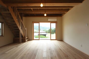 Obraz premium Modern Japanese Home Interior with Wooden Beams and Floor