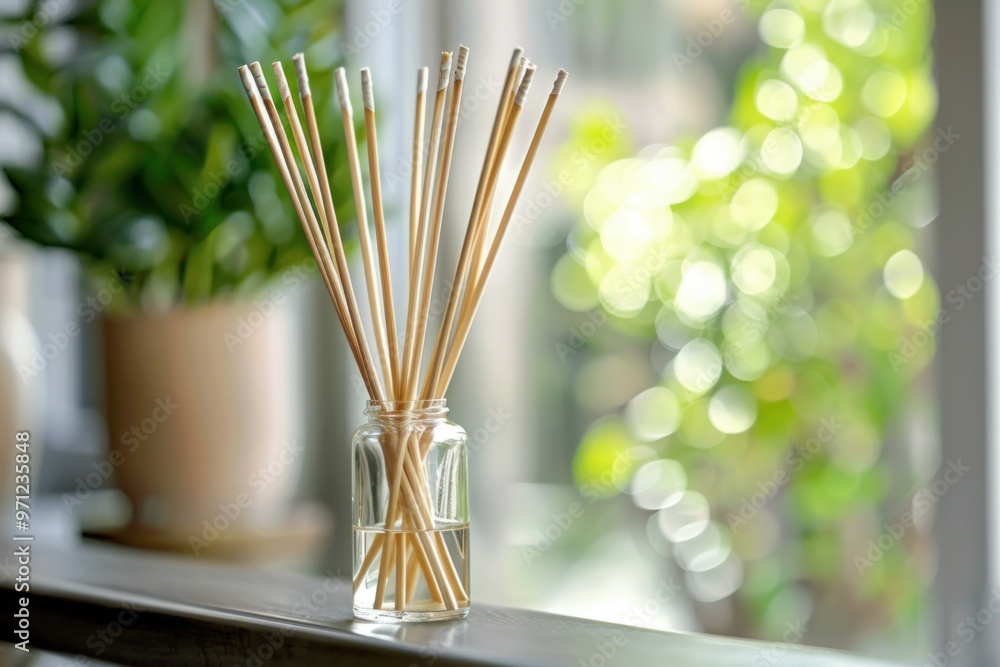 Aufkleber glass jar with aromatic liquid and diffuser sticks is standing on a windowsill, creating a cozy atmo