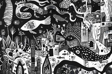 Black and White Abstract Illustration of a Surreal City