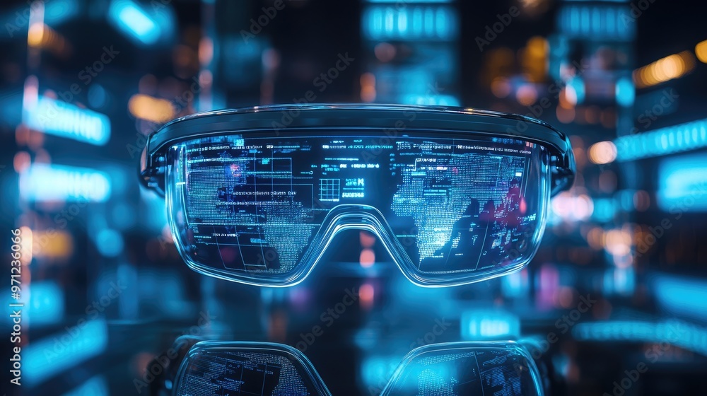 Poster futuristic augmented reality glasses projecting holographic maps and data, demonstrating the future 