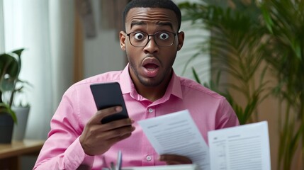 Shocked man in pink shirt checks phone, jots down info, examines paperwork.