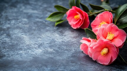 A serene arrangement of pink camellia flowers on a textured surface.