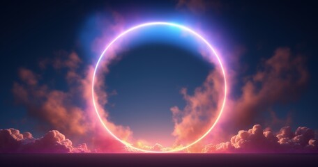 A vibrant circular light formation against a twilight sky, surrounded by soft clouds, creating a serene atmosphere.