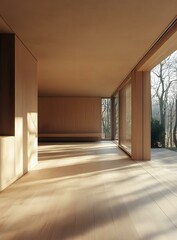 Obraz premium Minimalist Interior Design with Wooden Walls and Large Windows