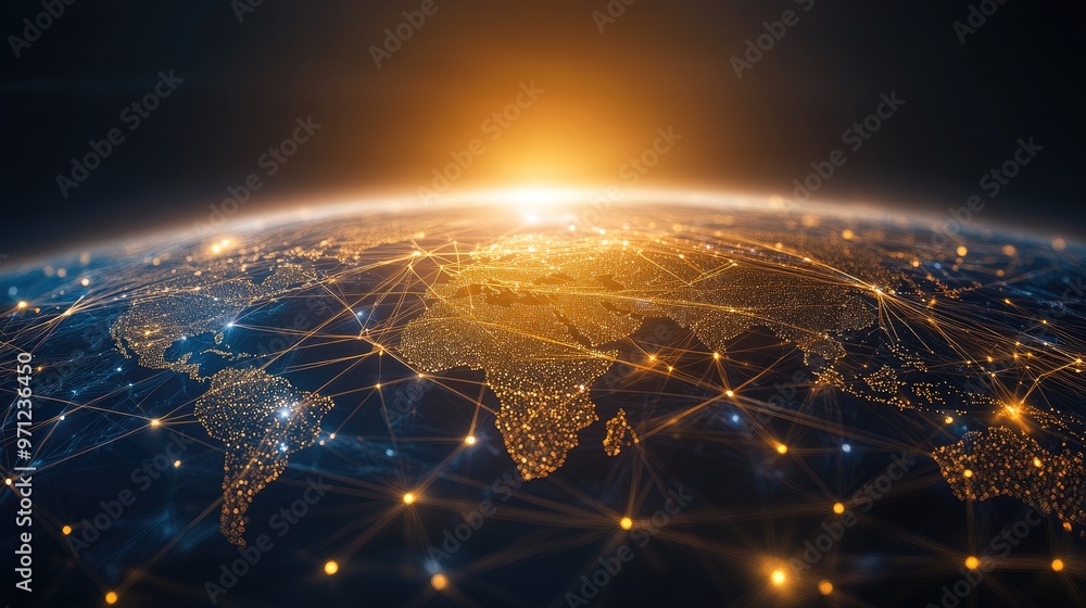 Poster global network concept, featuring a web of data lines and nodes that highlight the worldwide flow of