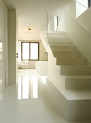 Obraz premium Modern Interior Design with White Staircase and Glossy Floor