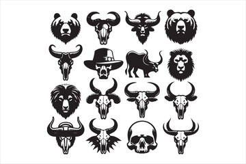 Animal skull silhouette, icons set  