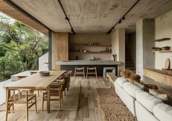 Naklejka premium Modern Minimalist Living Room With Concrete And Wood