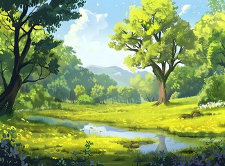 Peaceful Forest Landscape with Blue Stream