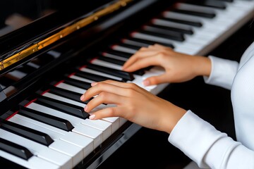 Obraz premium A lady playing the piano in a grand hall, her fingers gracefully dancing over the keys as she creates beautiful music