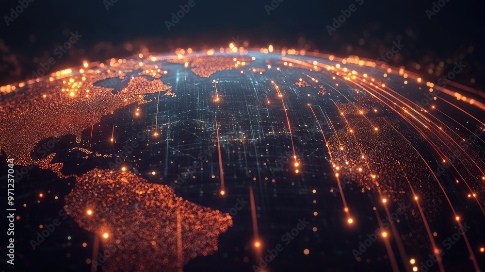 Poster glowing lines connecting points on a globe, representing the spread of digital data and a global net