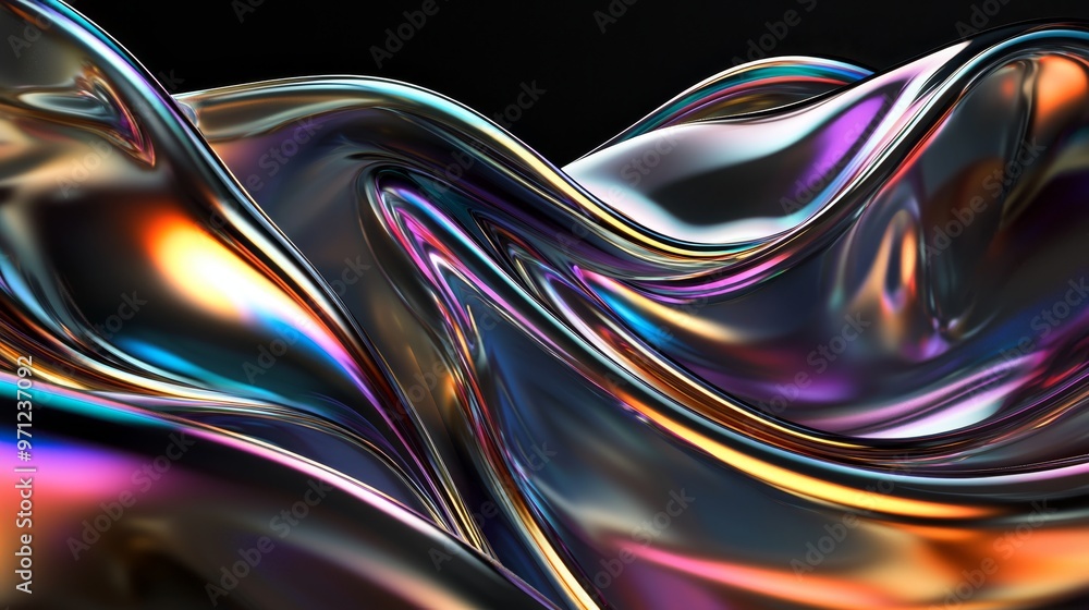 Wall mural reflective flowing metallic shapes with iridescent chromatic colors on black