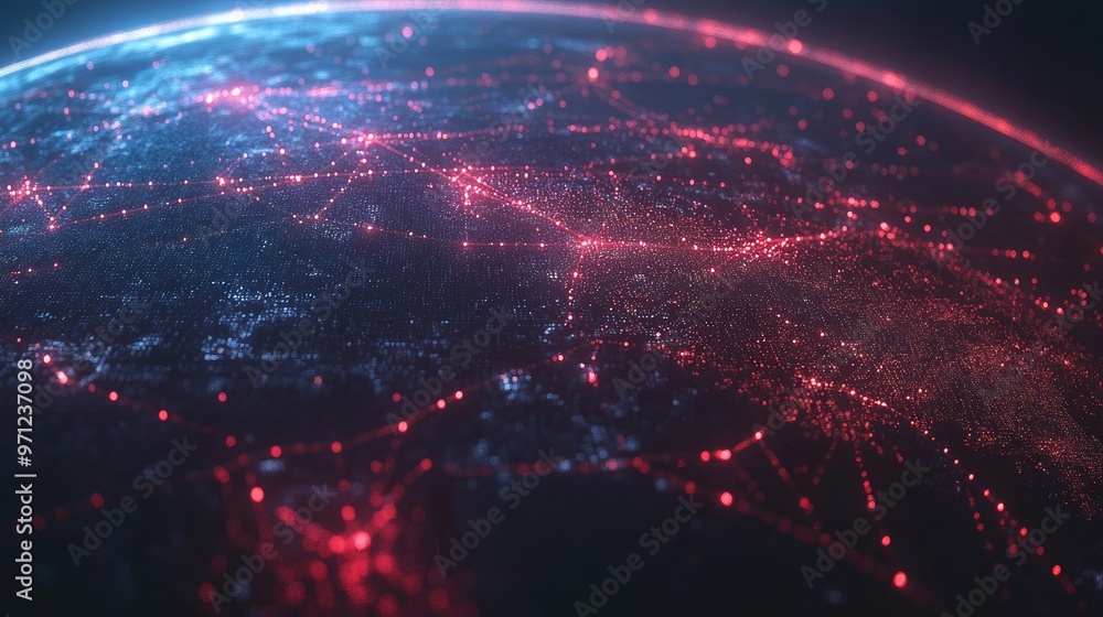 Poster glowing lines connecting points on a globe, representing the spread of digital data and a global net