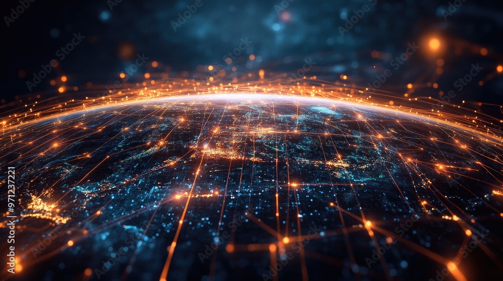 Poster glowing lines connecting points on a globe, representing the spread of digital data and a global net