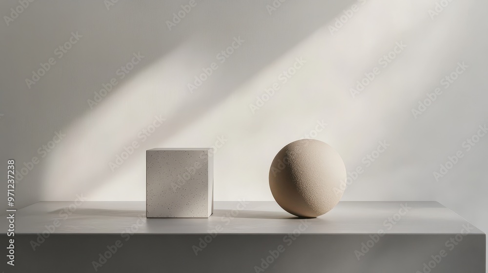 Aufkleber minimalist composition featuring a cube and a sphere on a table with soft lighting.