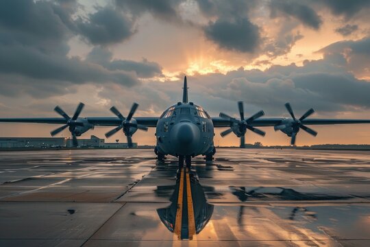 Large military transport aircraft is parked on a wet tarmac with a dramatic sunset in the background