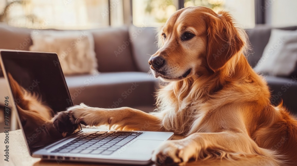 Poster golden retriever using a laptop at home, paw on the keyboard, as if working in a virtual office envi