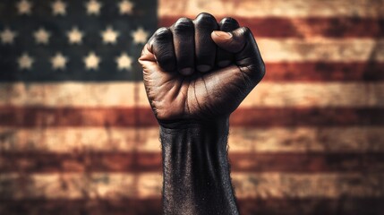 A man's fist against the background of the US flag as a symbol of protest, strike, demonstrations, struggle for rights, strength, victory, independence, fighting for a just cause and patriotism.