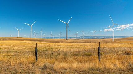 A scenic landscape featuring wind turbines against a clear blue sky and golden grass, symbolizing renewable energy and sustainability.