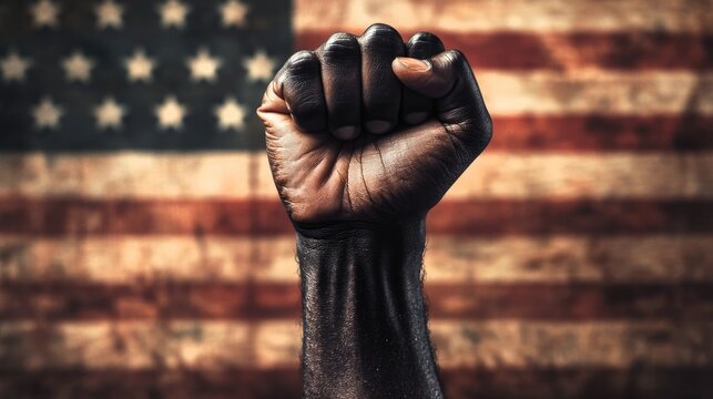 A man's fist against the background of the US flag as a symbol of protest, strike, demonstrations, struggle for rights, strength, victory, independence, fighting for a just cause and patriotism.