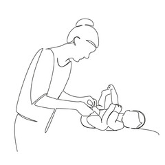 One continuous single drawing line art flat doodle mother, person, children, diaper, change, newborn, care, family, cute. Isolated image hand draw contour on a white background
