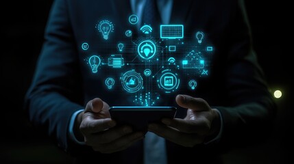 A businessman holding a smartphone with glowing digital icons representing technology, innovation, and the future.
