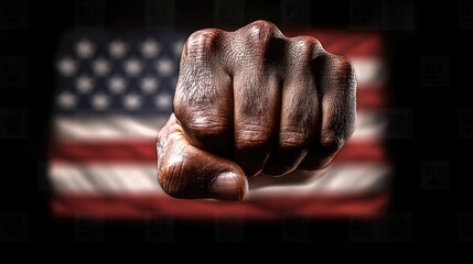 A man's fist against the background of the US flag as a symbol of protest, strike, demonstrations, struggle for rights, strength, victory, independence, fighting for a just cause and patriotism.