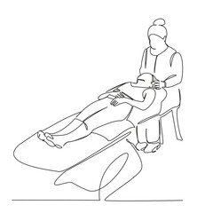 One continuous single drawing line art flat doodle osteopath, physical therapy, patient, recovery, head, medicine, pain, person, female. Isolated image hand draw contour on a white background