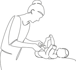 One continuous single drawing line art flat doodle mother, person, children, diaper, change, newborn, care, family, cute. Isolated image hand draw contour on a white background
