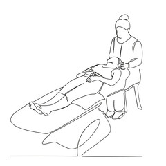 One continuous single drawing line art flat doodle osteopath, physical therapy, patient, recovery, head, medicine, pain, person, female. Isolated image hand draw contour on a white background