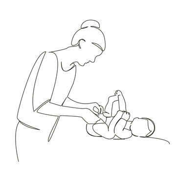 recommend clip art: One continuous single drawing line art flat doodle mother, person, children, diaper, change, newborn, care, family, cute. Isolated image hand draw contour on a white background
                    