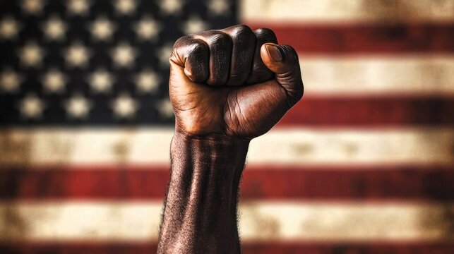 A man's fist against the background of the US flag as a symbol of protest, strike, demonstrations, struggle for rights, strength, victory, independence, fighting for a just cause and patriotism.