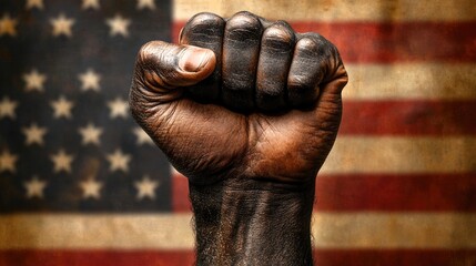 A man's fist against the background of the US flag as a symbol of protest, strike, demonstrations, struggle for rights, strength, victory, independence, fighting for a just cause and patriotism.