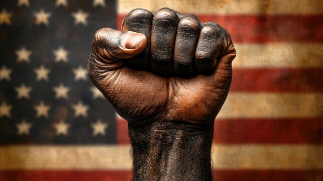 A man's fist against the background of the US flag as a symbol of protest, strike, demonstrations, struggle for rights, strength, victory, independence, fighting for a just cause and patriotism.