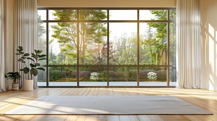 Fototapeta premium Bright and spacious room with large windows showcasing natural greenery, perfect for relaxation and inspiration.