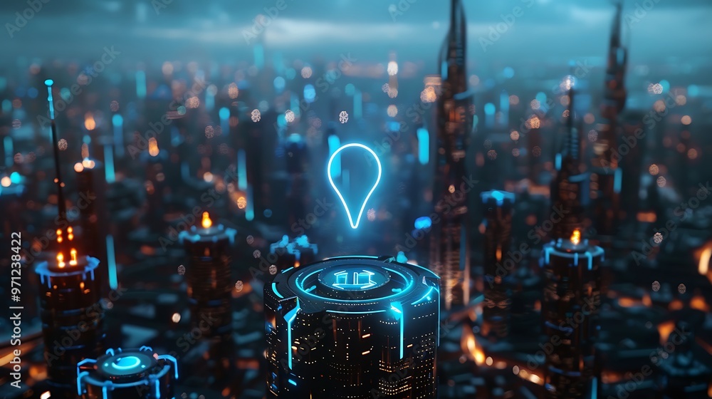 Poster a futuristic cityscape with glowing skyscrapers, featuring a 3d rendering of a luminous blue gps loc