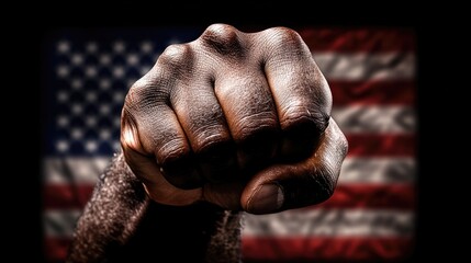 A man's fist against the background of the US flag as a symbol of protest, strike, demonstrations, struggle for rights, strength, victory, independence, fighting for a just cause and patriotism.