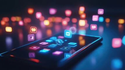 A smartphone lies on a table with glowing social media icons floating above it.