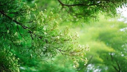 Full frame of green foliage on branches and bokeh background