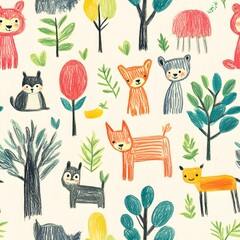 Adorable woodland creatures and trees in a fun crayon illustration seamless pattern