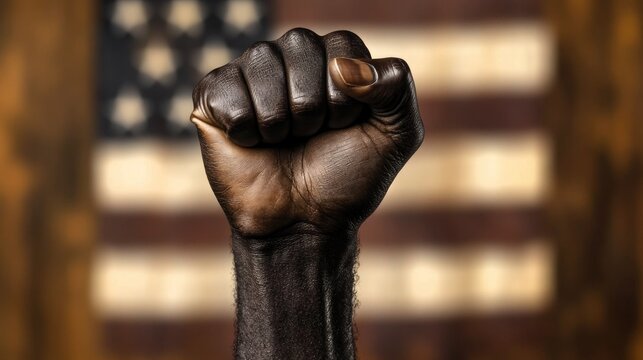 A man's fist against the background of the US flag as a symbol of protest, strike, demonstrations, struggle for rights, strength, victory, independence, fighting for a just cause and patriotism.