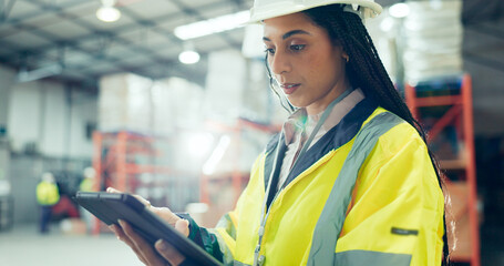 Shipping, tablet and supply chain with woman in warehouse for logistics, freight or online. Export,...