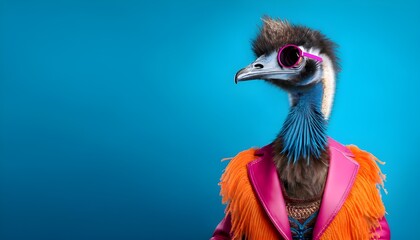 Creative animal concept. emu bird,vibrant bright fashionable outfits isolated on solid background advertisement with copy space. birthday party invite invitation banner.j