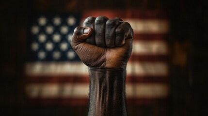 A man's fist against the background of the US flag as a symbol of protest, strike, demonstrations, struggle for rights, strength, victory, independence, fighting for a just cause and patriotism.