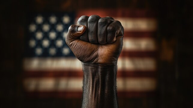 A man's fist against the background of the US flag as a symbol of protest, strike, demonstrations, struggle for rights, strength, victory, independence, fighting for a just cause and patriotism.