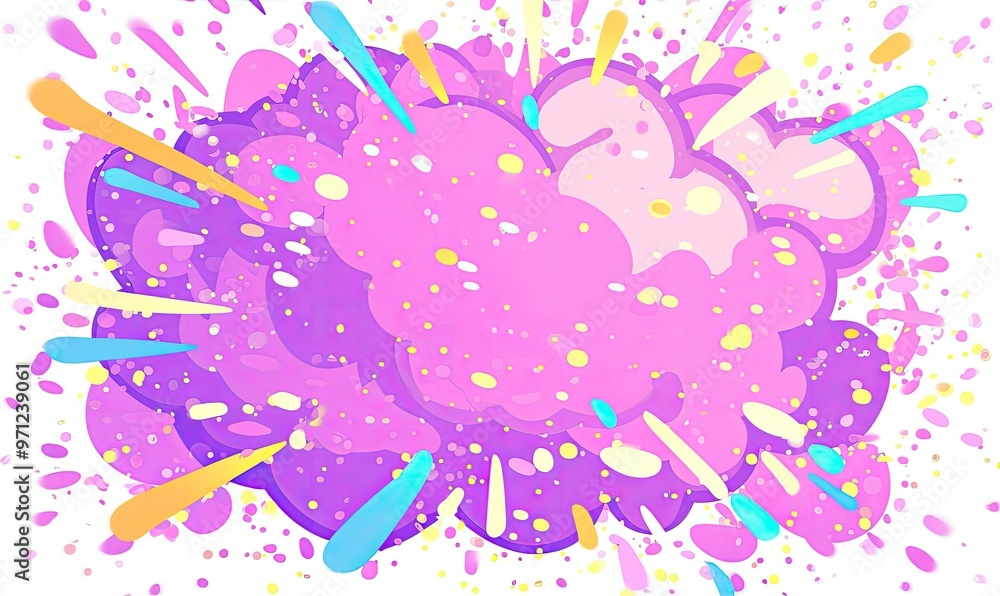 Poster a colorful explosion graphic with vibrant splashes and soft clouds.