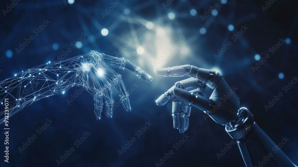 Poster human and robot hands connecting on a futuristic digital network, representing machine learning and 