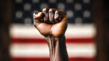 A man's fist against the background of the US flag as a symbol of protest, strike, demonstrations, struggle for rights, strength, victory, independence, fighting for a just cause and patriotism.